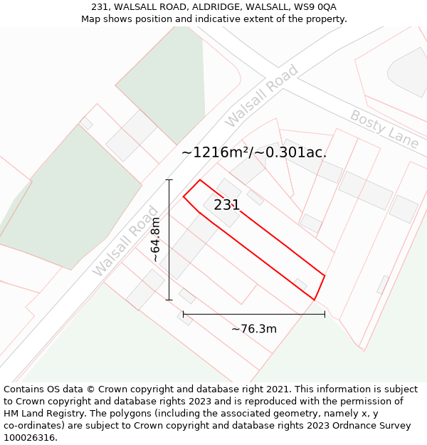 231, WALSALL ROAD, ALDRIDGE, WALSALL, WS9 0QA: Plot and title map