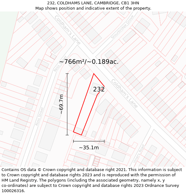 232, COLDHAMS LANE, CAMBRIDGE, CB1 3HN: Plot and title map