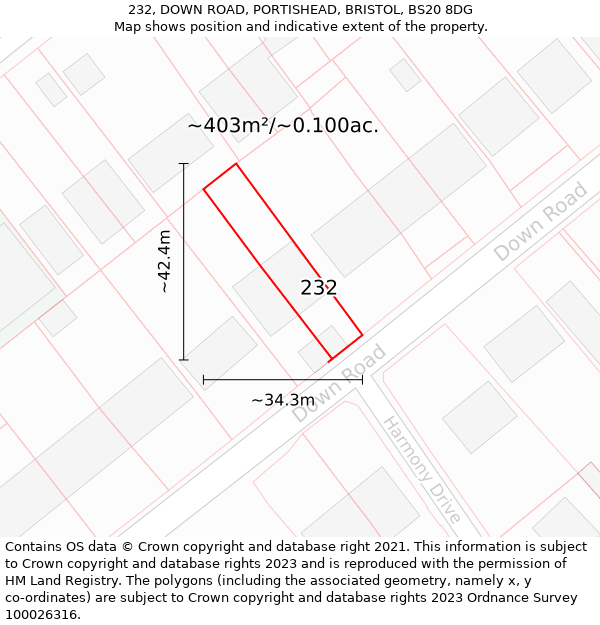 232, DOWN ROAD, PORTISHEAD, BRISTOL, BS20 8DG: Plot and title map