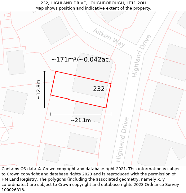 232, HIGHLAND DRIVE, LOUGHBOROUGH, LE11 2QH: Plot and title map