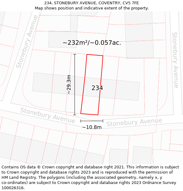 234, STONEBURY AVENUE, COVENTRY, CV5 7FE: Plot and title map