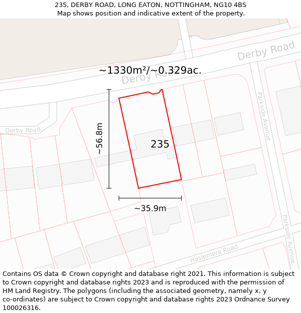 235, DERBY ROAD, LONG EATON, NOTTINGHAM, NG10 4BS: Plot and title map