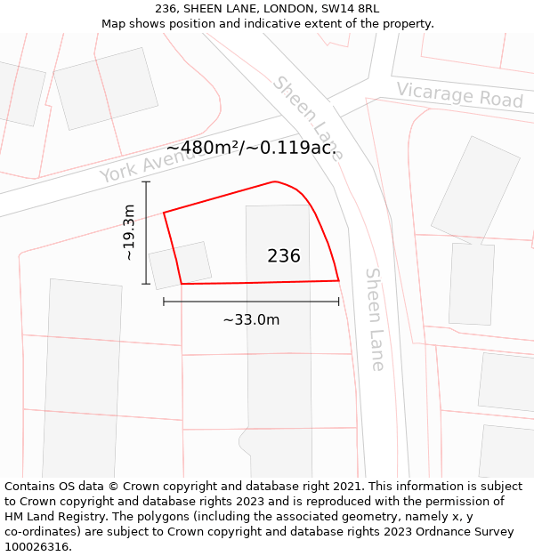 236, SHEEN LANE, LONDON, SW14 8RL: Plot and title map