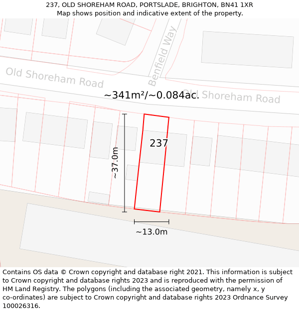 237, OLD SHOREHAM ROAD, PORTSLADE, BRIGHTON, BN41 1XR: Plot and title map