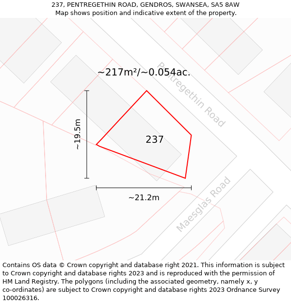 237, PENTREGETHIN ROAD, GENDROS, SWANSEA, SA5 8AW: Plot and title map