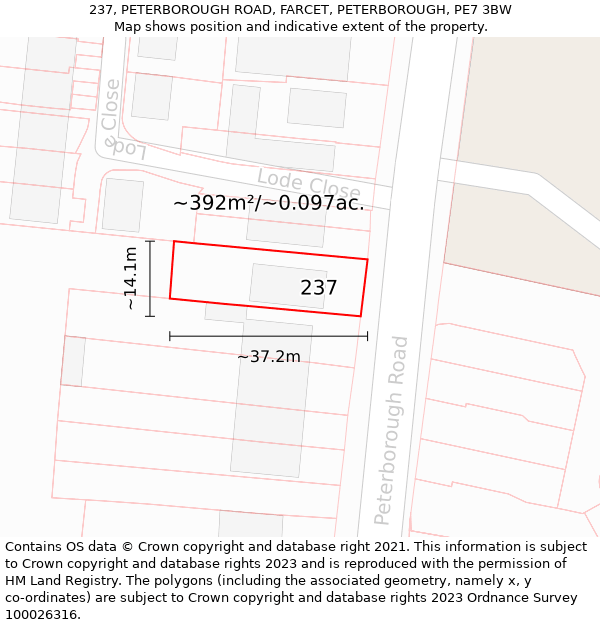 237, PETERBOROUGH ROAD, FARCET, PETERBOROUGH, PE7 3BW: Plot and title map