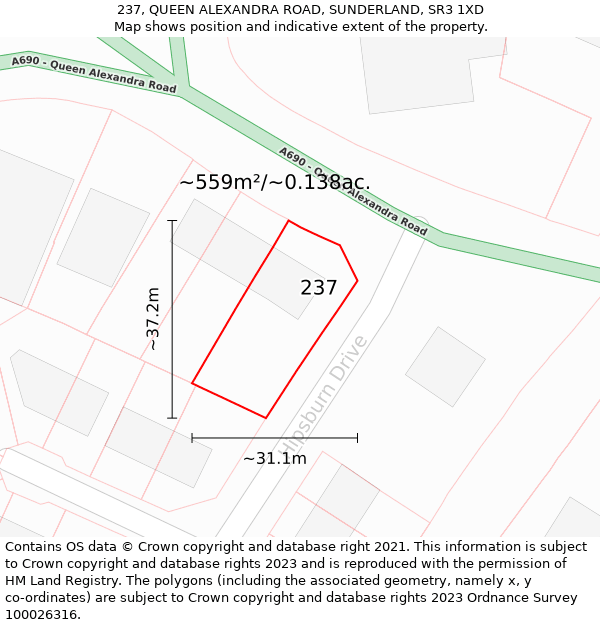 237, QUEEN ALEXANDRA ROAD, SUNDERLAND, SR3 1XD: Plot and title map