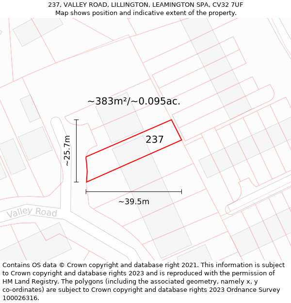 237, VALLEY ROAD, LILLINGTON, LEAMINGTON SPA, CV32 7UF: Plot and title map