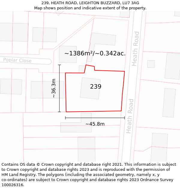 239, HEATH ROAD, LEIGHTON BUZZARD, LU7 3AG: Plot and title map