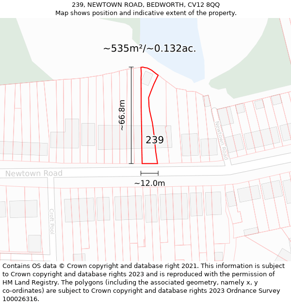 239, NEWTOWN ROAD, BEDWORTH, CV12 8QQ: Plot and title map