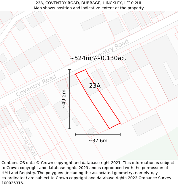 23A, COVENTRY ROAD, BURBAGE, HINCKLEY, LE10 2HL: Plot and title map