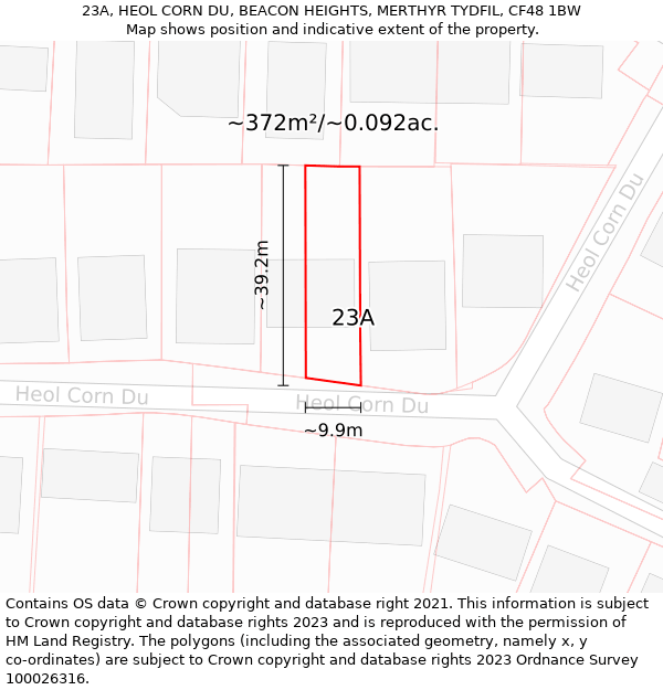 23A, HEOL CORN DU, BEACON HEIGHTS, MERTHYR TYDFIL, CF48 1BW: Plot and title map