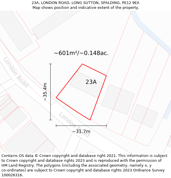 23A, LONDON ROAD, LONG SUTTON, SPALDING, PE12 9EA: Plot and title map