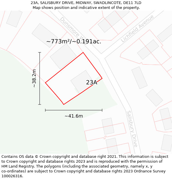 23A, SALISBURY DRIVE, MIDWAY, SWADLINCOTE, DE11 7LD: Plot and title map