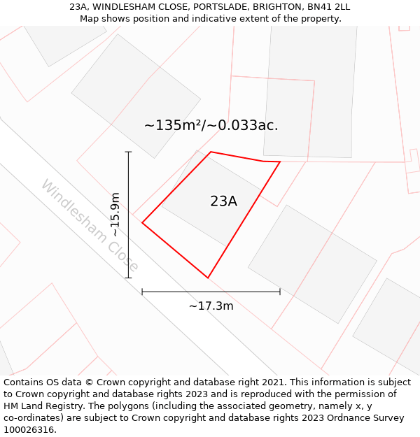 23A, WINDLESHAM CLOSE, PORTSLADE, BRIGHTON, BN41 2LL: Plot and title map