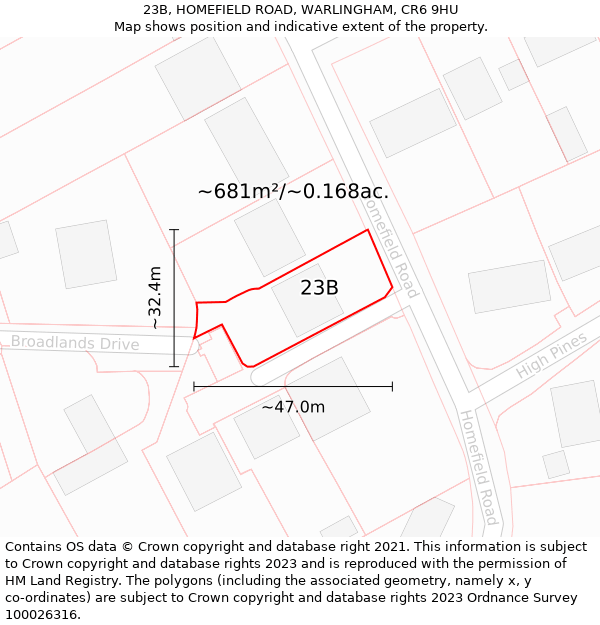 23B, HOMEFIELD ROAD, WARLINGHAM, CR6 9HU: Plot and title map