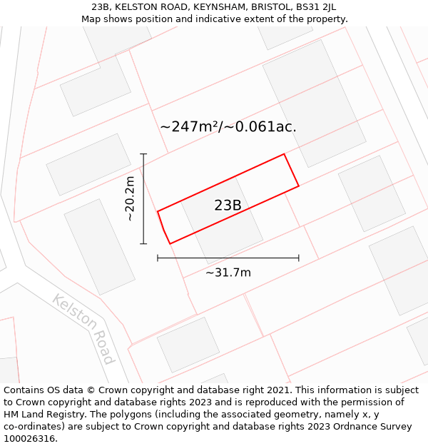 23B, KELSTON ROAD, KEYNSHAM, BRISTOL, BS31 2JL: Plot and title map