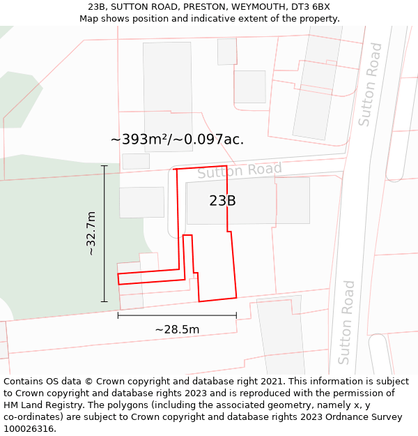 23B, SUTTON ROAD, PRESTON, WEYMOUTH, DT3 6BX: Plot and title map