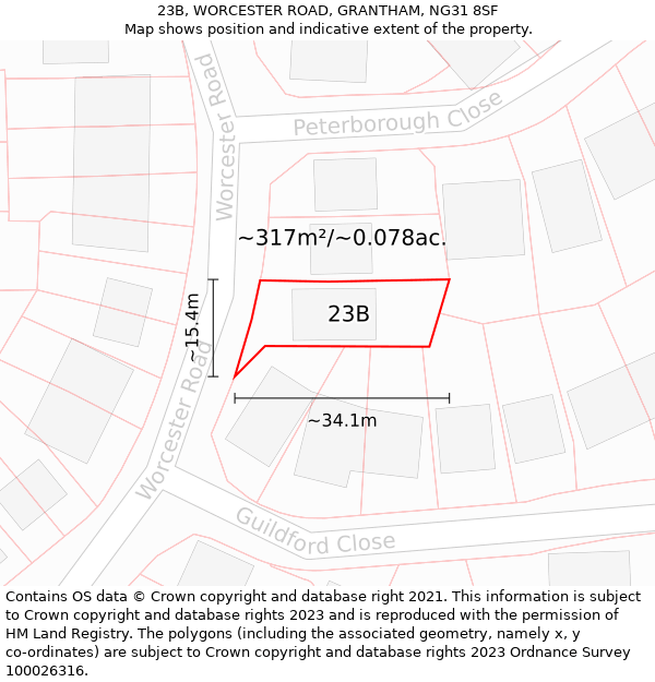 23B, WORCESTER ROAD, GRANTHAM, NG31 8SF: Plot and title map