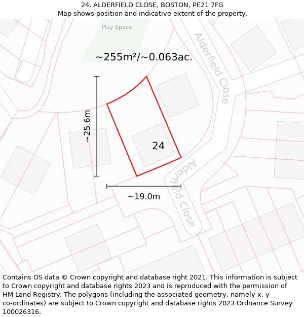 24, ALDERFIELD CLOSE, BOSTON, PE21 7FG: Plot and title map