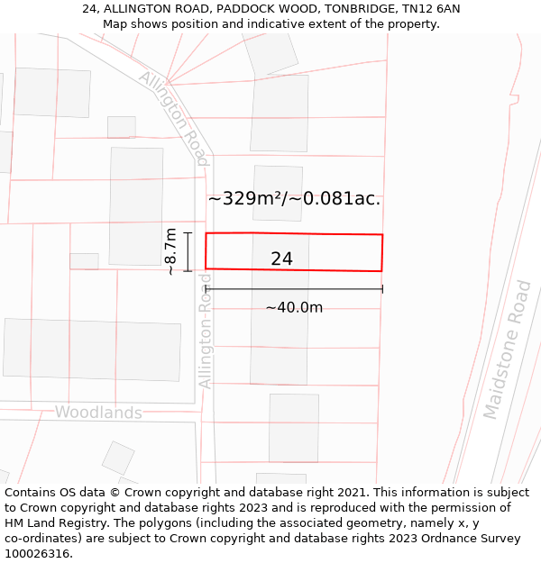 24, ALLINGTON ROAD, PADDOCK WOOD, TONBRIDGE, TN12 6AN: Plot and title map