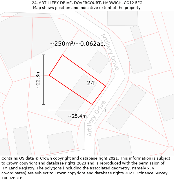 24, ARTILLERY DRIVE, DOVERCOURT, HARWICH, CO12 5FG: Plot and title map