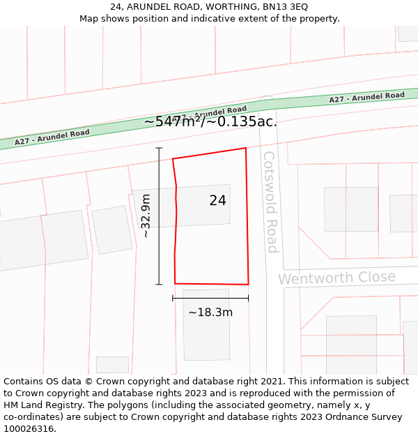 24, ARUNDEL ROAD, WORTHING, BN13 3EQ: Plot and title map