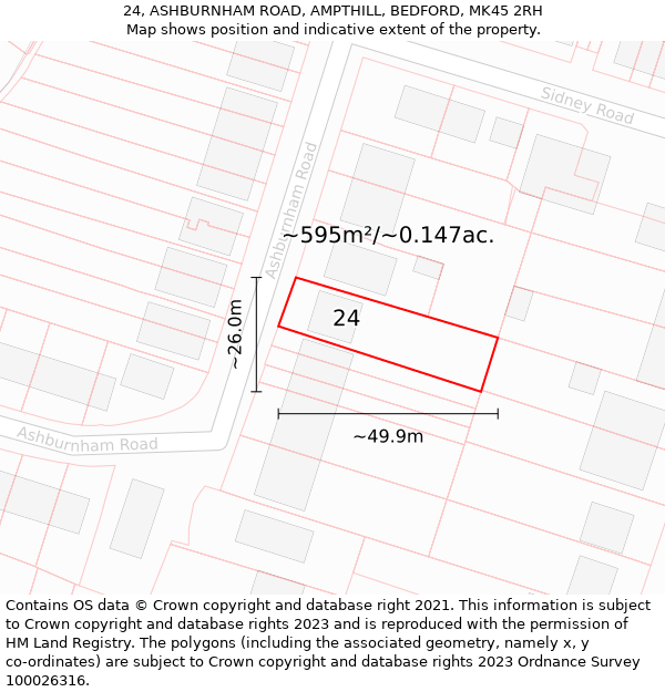 24, ASHBURNHAM ROAD, AMPTHILL, BEDFORD, MK45 2RH: Plot and title map