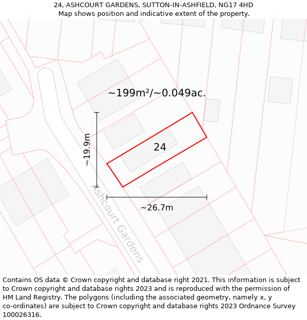 24, ASHCOURT GARDENS, SUTTON-IN-ASHFIELD, NG17 4HD: Plot and title map