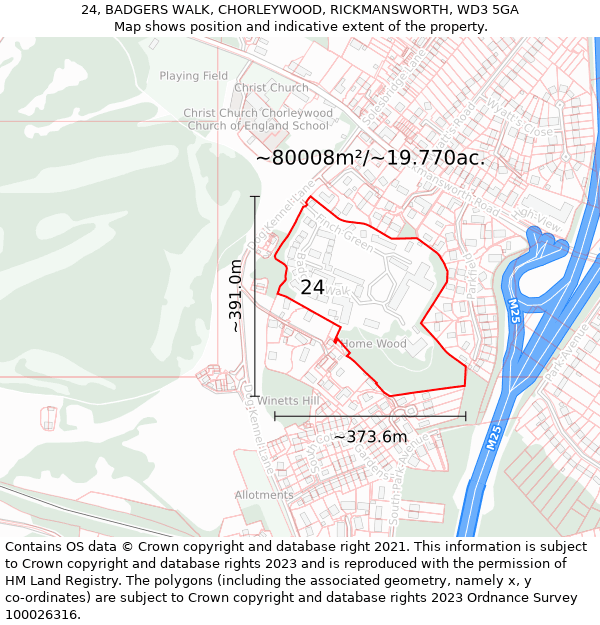 24, BADGERS WALK, CHORLEYWOOD, RICKMANSWORTH, WD3 5GA: Plot and title map