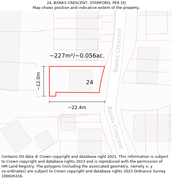 24, BANKS CRESCENT, STAMFORD, PE9 1FJ: Plot and title map