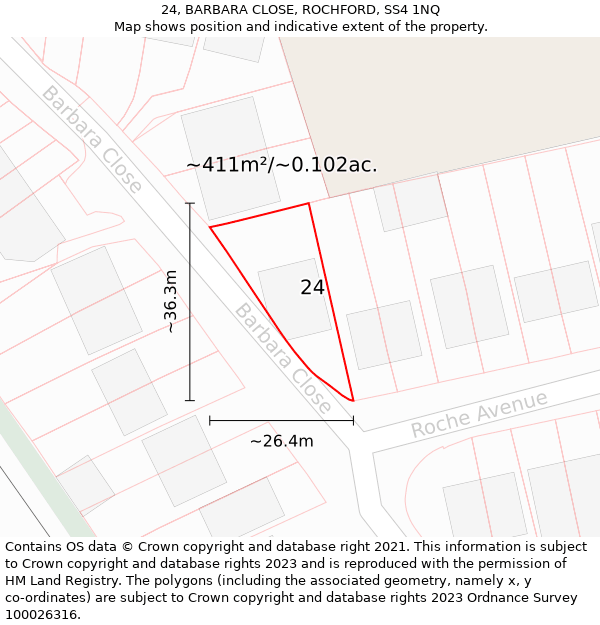 24, BARBARA CLOSE, ROCHFORD, SS4 1NQ: Plot and title map