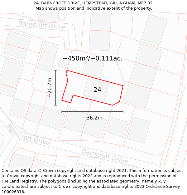 24, BARNCROFT DRIVE, HEMPSTEAD, GILLINGHAM, ME7 3TJ: Plot and title map