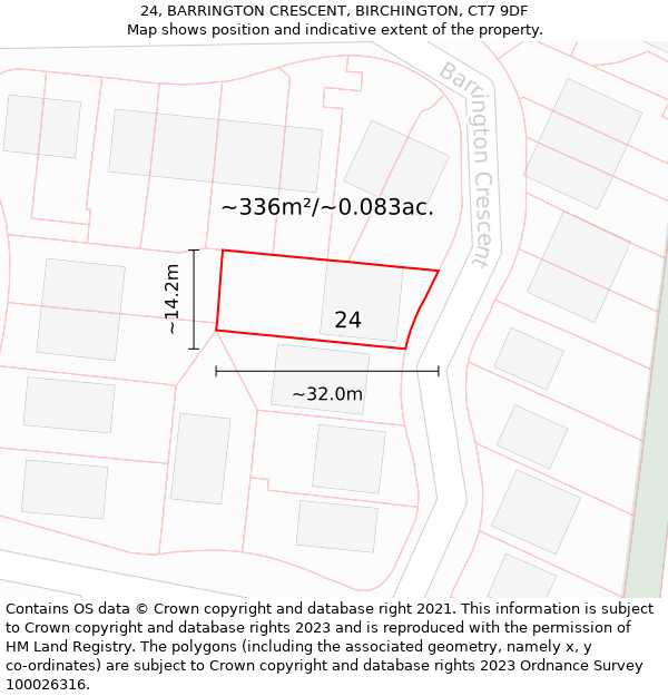 24, BARRINGTON CRESCENT, BIRCHINGTON, CT7 9DF: Plot and title map