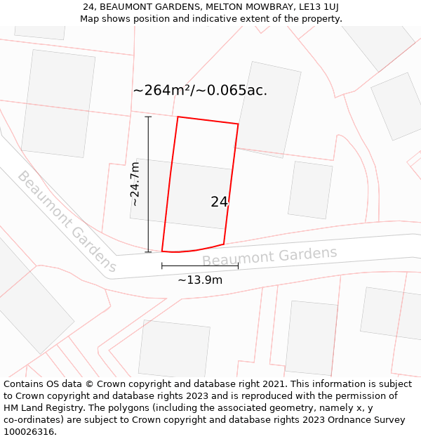 24, BEAUMONT GARDENS, MELTON MOWBRAY, LE13 1UJ: Plot and title map