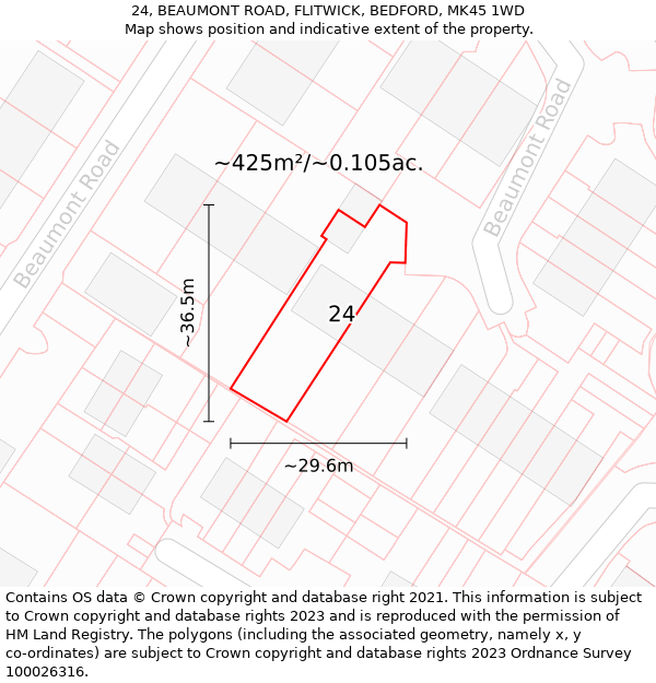 24, BEAUMONT ROAD, FLITWICK, BEDFORD, MK45 1WD: Plot and title map