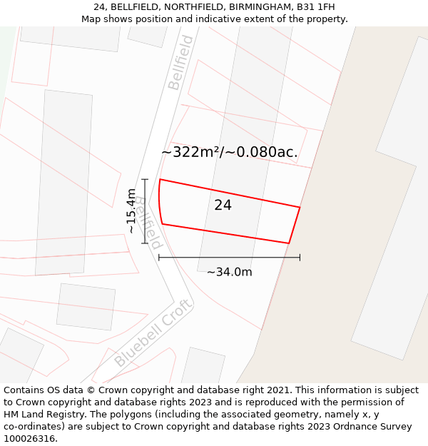 24, BELLFIELD, NORTHFIELD, BIRMINGHAM, B31 1FH: Plot and title map