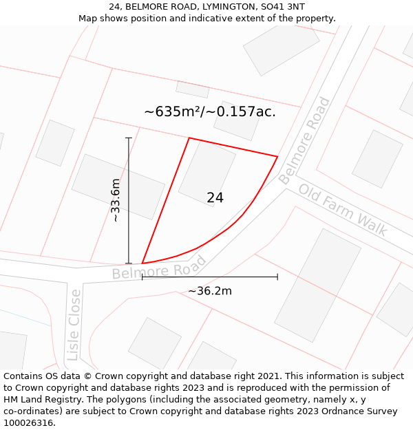 24, BELMORE ROAD, LYMINGTON, SO41 3NT: Plot and title map