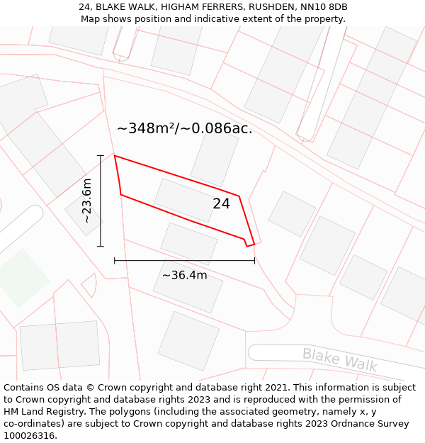 24, BLAKE WALK, HIGHAM FERRERS, RUSHDEN, NN10 8DB: Plot and title map