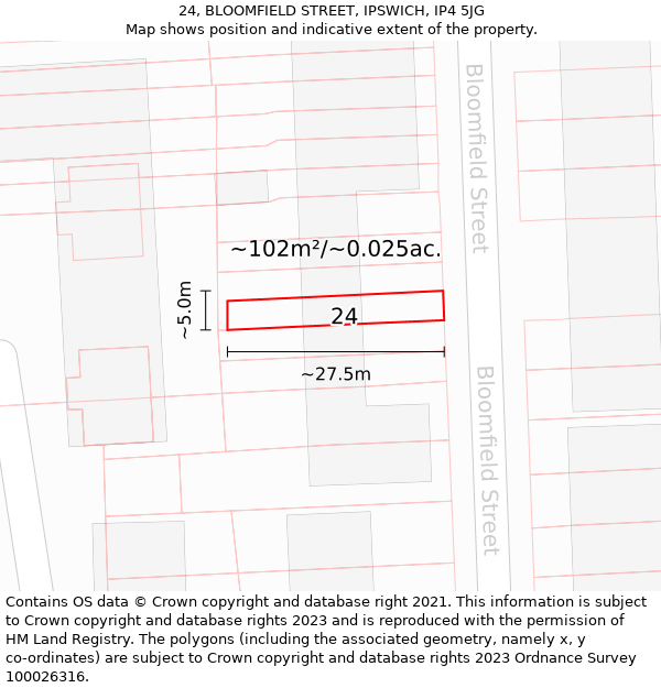24, BLOOMFIELD STREET, IPSWICH, IP4 5JG: Plot and title map