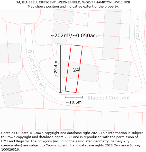 24, BLUEBELL CRESCENT, WEDNESFIELD, WOLVERHAMPTON, WV11 3XB: Plot and title map
