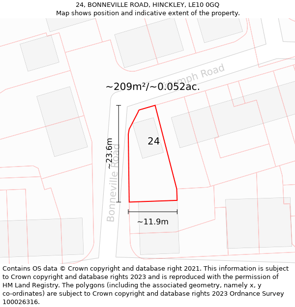 24, BONNEVILLE ROAD, HINCKLEY, LE10 0GQ: Plot and title map