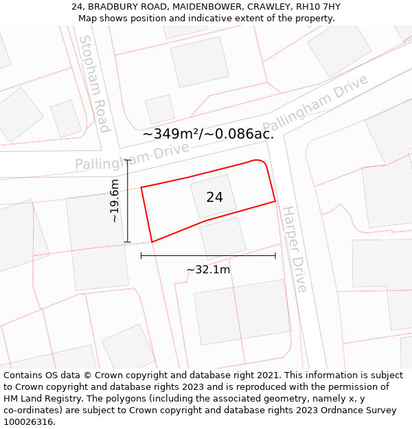 24, BRADBURY ROAD, MAIDENBOWER, CRAWLEY, RH10 7HY: Plot and title map