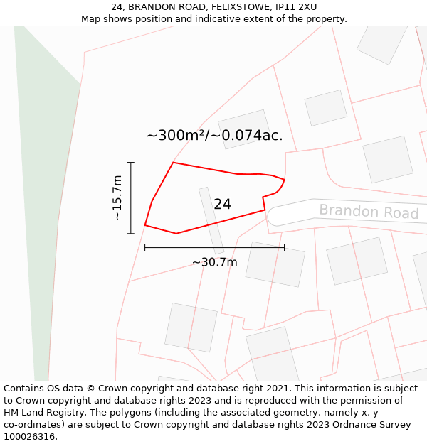 24, BRANDON ROAD, FELIXSTOWE, IP11 2XU: Plot and title map