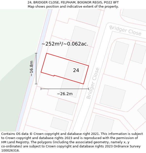 24, BRIDGER CLOSE, FELPHAM, BOGNOR REGIS, PO22 8FT: Plot and title map