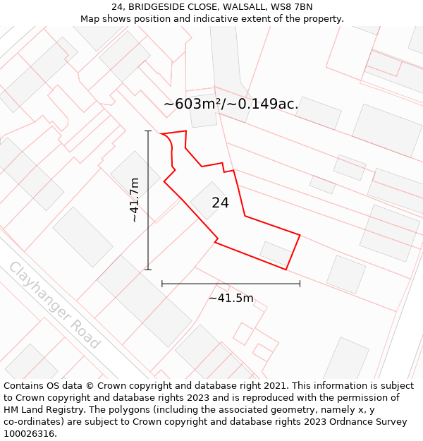 24, BRIDGESIDE CLOSE, WALSALL, WS8 7BN: Plot and title map