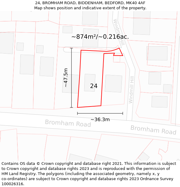 24, BROMHAM ROAD, BIDDENHAM, BEDFORD, MK40 4AF: Plot and title map