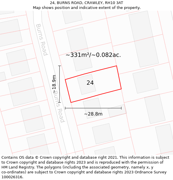 24, BURNS ROAD, CRAWLEY, RH10 3AT: Plot and title map