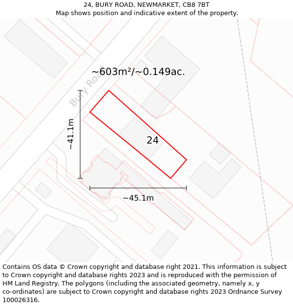 24, BURY ROAD, NEWMARKET, CB8 7BT: Plot and title map