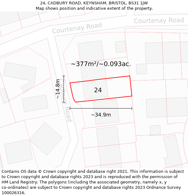 24, CADBURY ROAD, KEYNSHAM, BRISTOL, BS31 1JW: Plot and title map